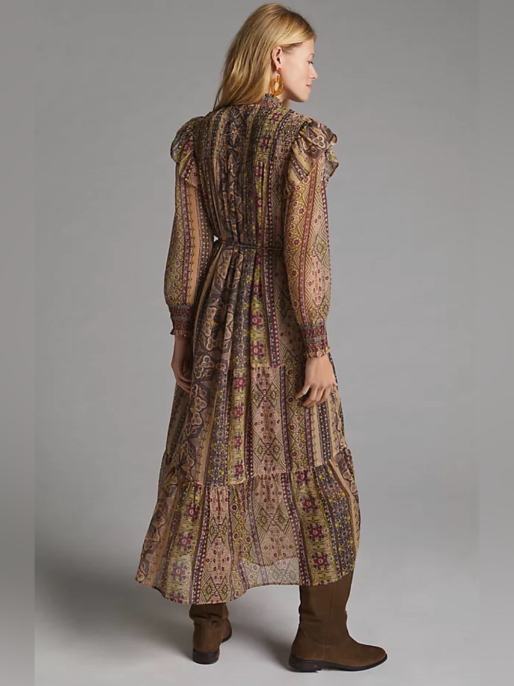 Anthropologie Llani Olive Green Boho Floral-Print Maxi Dress, tie waist, smocked - Picture 2 of 7